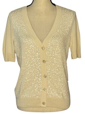 Talbots Sequin Cardigan Sweater Size Small Ivory Cream V Neck Button Front Party